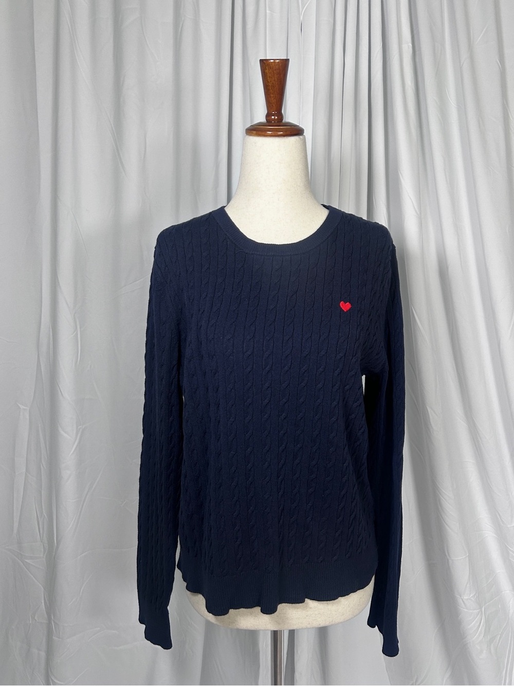 Divided Navy Cable Knit Crewneck Sweater with Small Red Heart